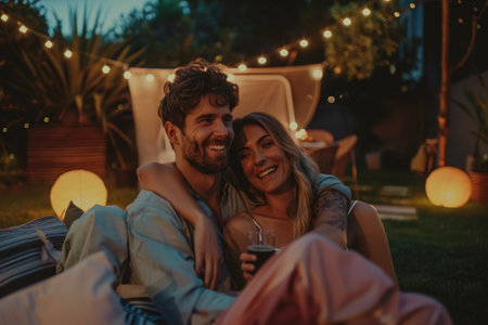 Happy couple man and woman enjoying in movie night with friends in backyardの素材