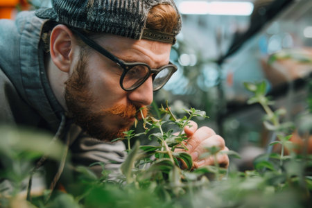 Man closely observing young sprouting plants with curiosityの素材