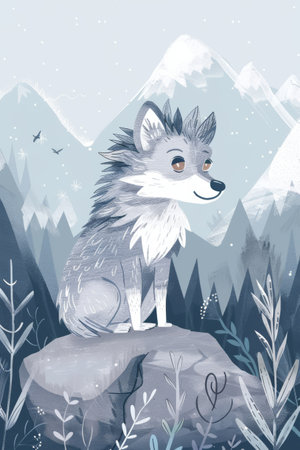 cute wolf on rocky mountain illustration. children drawing styleの素材