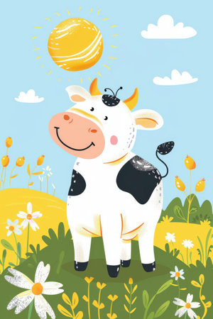 cute cow with nature background. children llustrationの素材