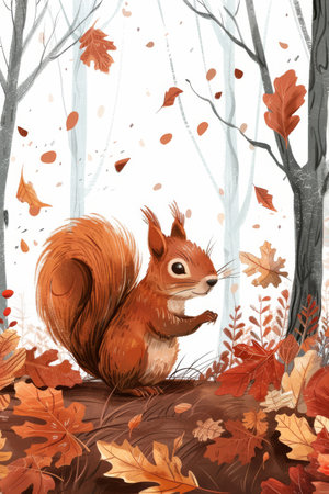 cute squirrel in autumn forest. children illustrationの素材