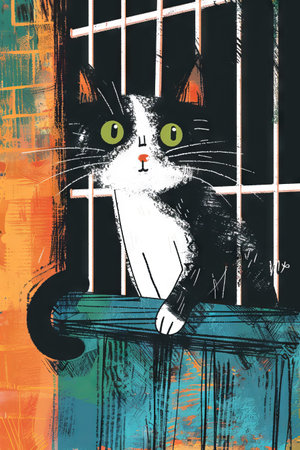 cute cat in the house illustration. children drawing styleの素材