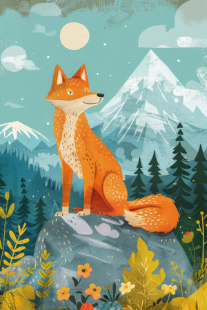 cute wolf on rocky mountain illustration. children drawing styleの素材