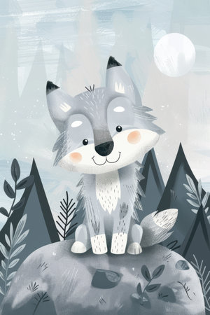 cute wolf on rocky mountain illustration. children drawing styleの素材