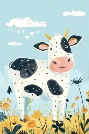 cute cow with nature background. children llustrationの素材