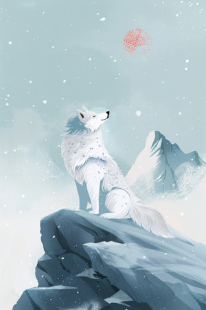 cute wolf on rocky mountain illustration. children drawing styleの素材