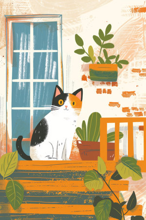 cute cat in the house illustration. children drawing styleの素材