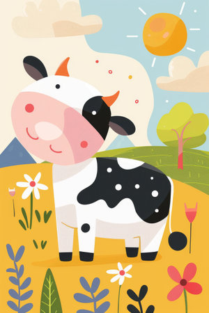 cute cow with nature background. children llustrationの素材