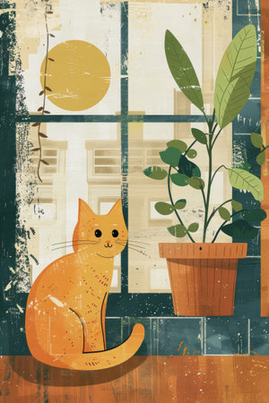 cute cat in the house illustration. children drawing styleの素材
