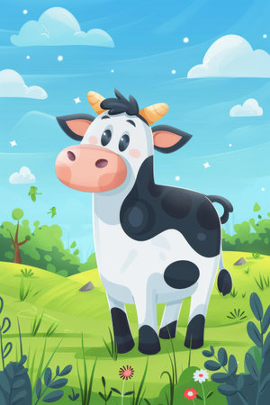 cute cow with nature background. children llustrationの素材