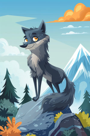 cute wolf on rocky mountain illustration. children drawing styleの素材