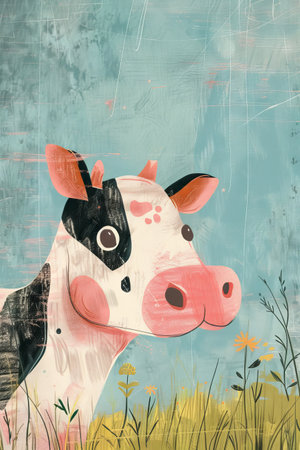 cute cow with nature background. children llustrationの素材