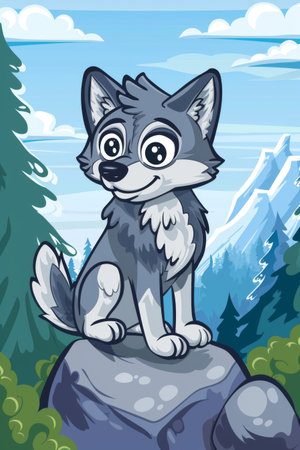 cute wolf on rocky mountain illustration. children drawing styleの素材