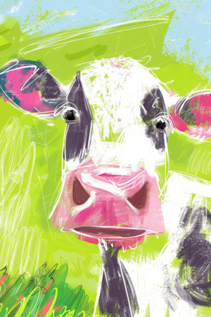 cute cow with nature background. children llustrationの素材