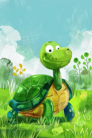 cute turtle with nature background. children illustrationの素材