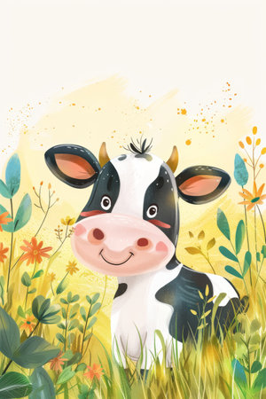 cute cow with nature background. children llustrationの素材