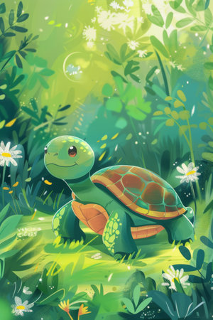 cute turtle with nature background. children illustrationの素材
