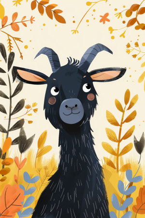 cute goat with nature background. children illustrationの素材