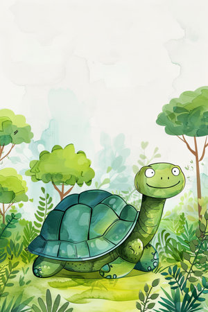 cute turtle with nature background. children illustrationの素材