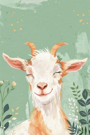 cute goat with nature background. children illustrationの素材