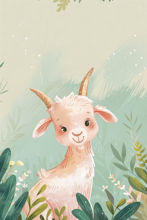 cute goat with nature background. children illustrationの素材