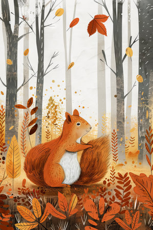 cute squirrel in autumn forest. children illustrationの素材