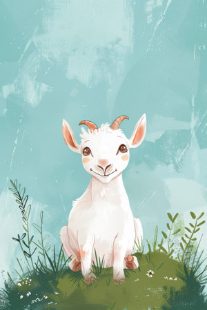 cute goat with nature background. children illustrationの素材