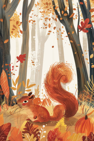 cute squirrel in autumn forest. children illustrationの素材