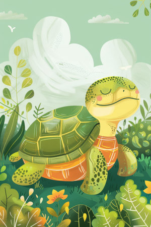 cute turtle with nature background. children illustrationの素材