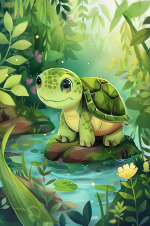 cute turtle with nature background. children illustrationの素材