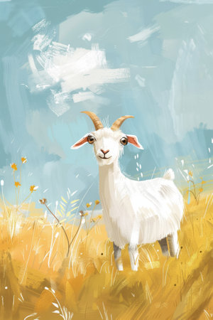 cute goat with nature background. children illustrationの素材