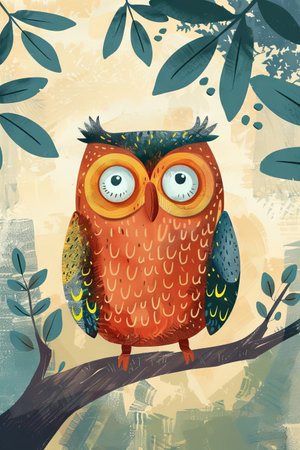 cute owl with nature background. children illustrationの素材