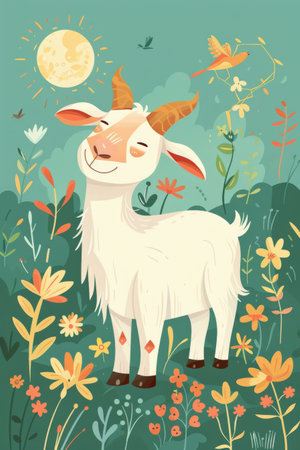 cute goat with nature background. children illustrationの素材