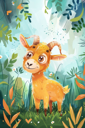 cute goat with nature background. children illustrationの素材