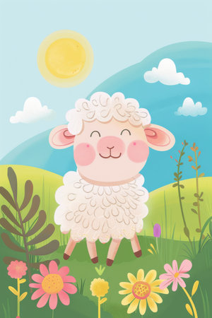 cute sheep in the meadow. children illustrationの素材