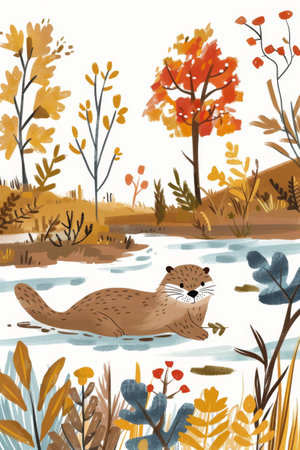 cute otter with nature background. children illustrationの素材