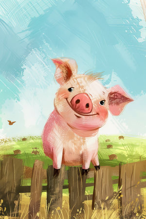 cute pig in a ranch. children illustrationの素材