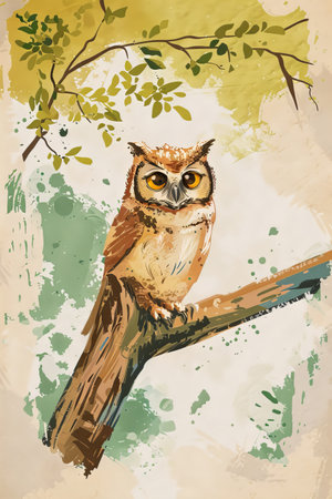 cute owl with nature background. children illustrationの素材