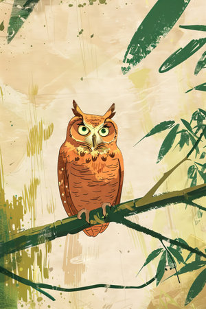 cute owl with nature background. children illustrationの素材