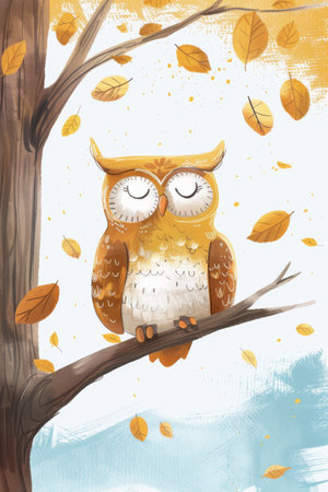 cute owl with nature background. children illustrationの素材
