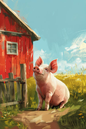 cute pig in a ranch. children illustrationの素材