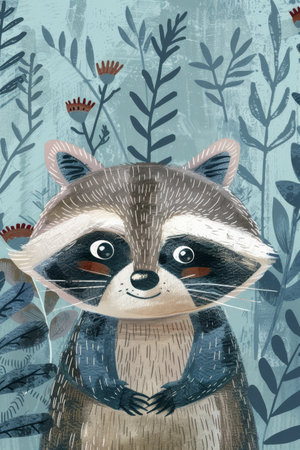 cute raccoon with nature background. children illustrationの素材