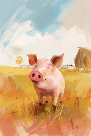 cute pig in a ranch. children illustrationの素材