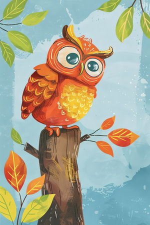 cute owl with nature background. children illustrationの素材