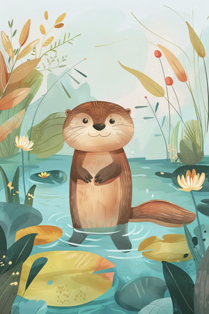 cute otter with nature background. children illustrationの素材