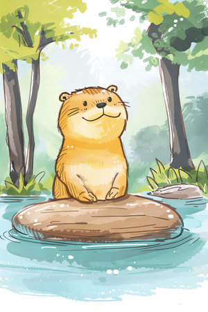 cute otter with nature background. children illustrationの素材