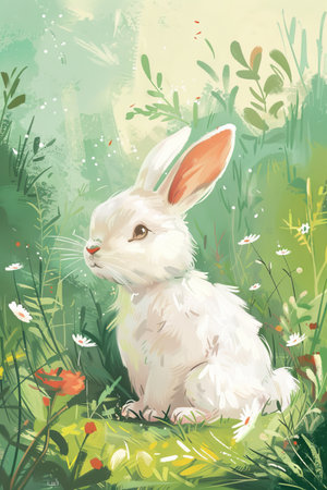cute rabbit with nature background. children illustrationの素材
