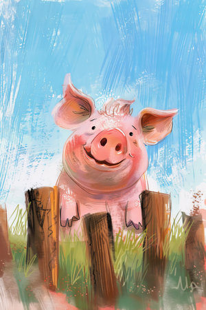 cute pig in a ranch. children illustrationの素材