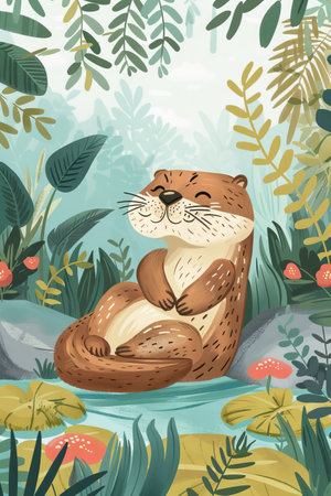 cute otter with nature background. children illustrationの素材