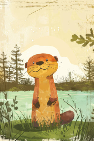 cute otter with nature background. children illustrationの素材